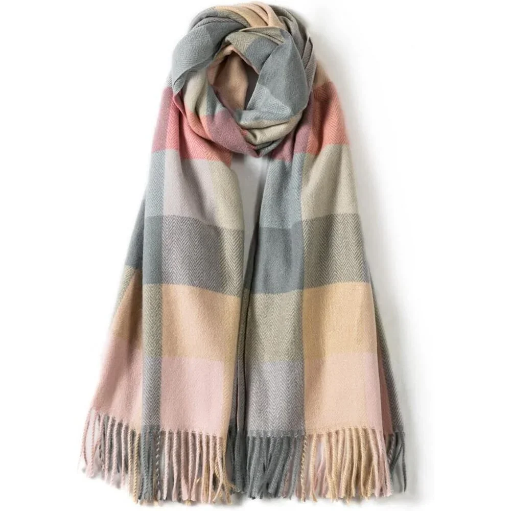 Women's Lilac Check Wool Scarf Cashmere Feel Winter Checked Scarves Soft Shawls